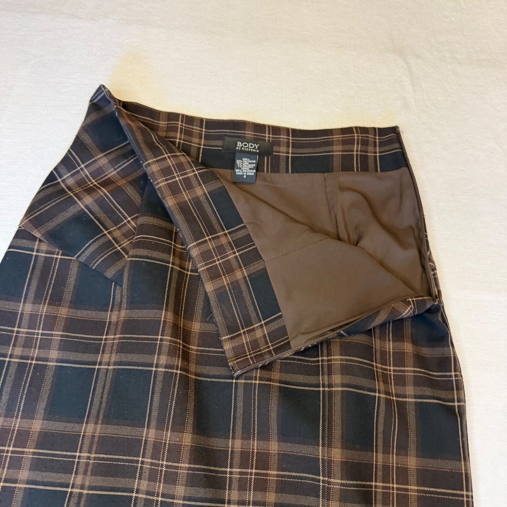Body by Victoria Pencil Skirt Womens 4 Brown Plaid Wool Blend Pleated back Midi - Picture 7 of 12